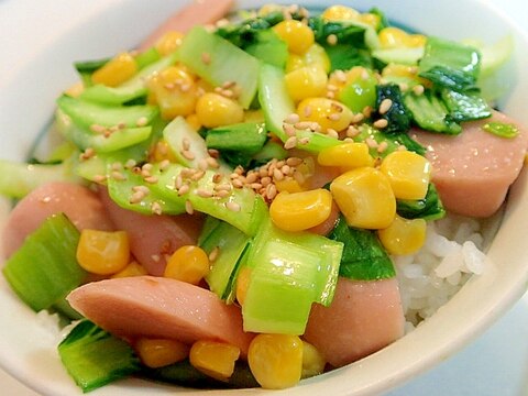 創味シャンタンで　魚ニソと青梗菜とコーンのソテー丼